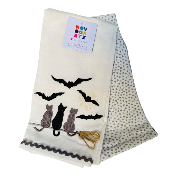 NWT Autumn Halloween Embroidered Cat Cats on Brooms Bats Kitchen Tea Towel Set - Picture 1 of 2